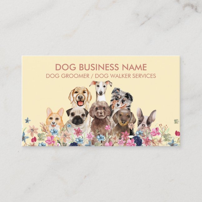Yellow Pink Floral Botanic Dog Walker Business Card