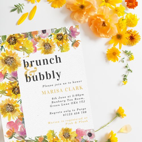 Yellow  Pink Floral Brunch  Bubbly Bridal Shower Invitation