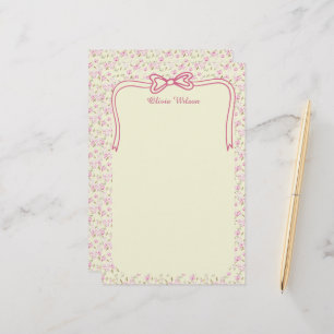 Yellow Pink Floral Coquette Bow Custom Name Stationery