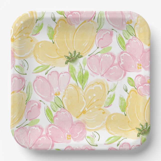Yellow Pink Floral Paper Plates (Front)