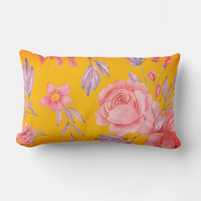 Yellow & Pink Floral Print Lumbar Throw Pillow (Front)