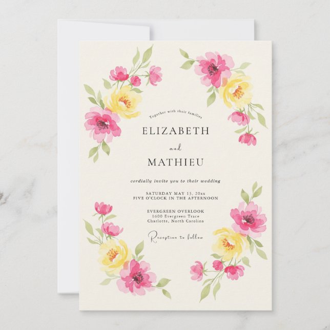 Yellow Pink Floral Spring Wedding Invitation (Front)