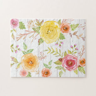 Yellow pink floral watercolor rustic white wood jigsaw puzzle