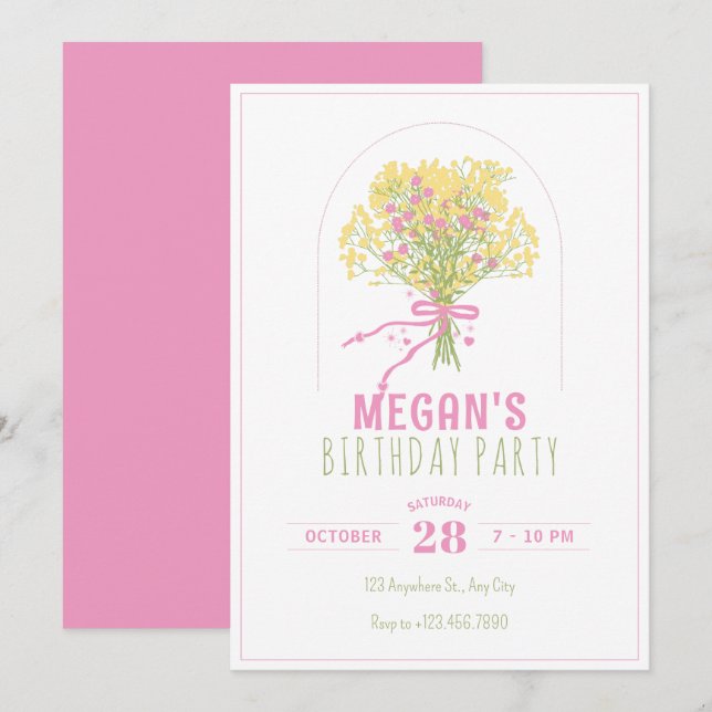 Yellow pink flower bouquet birthday invitation (Front/Back)