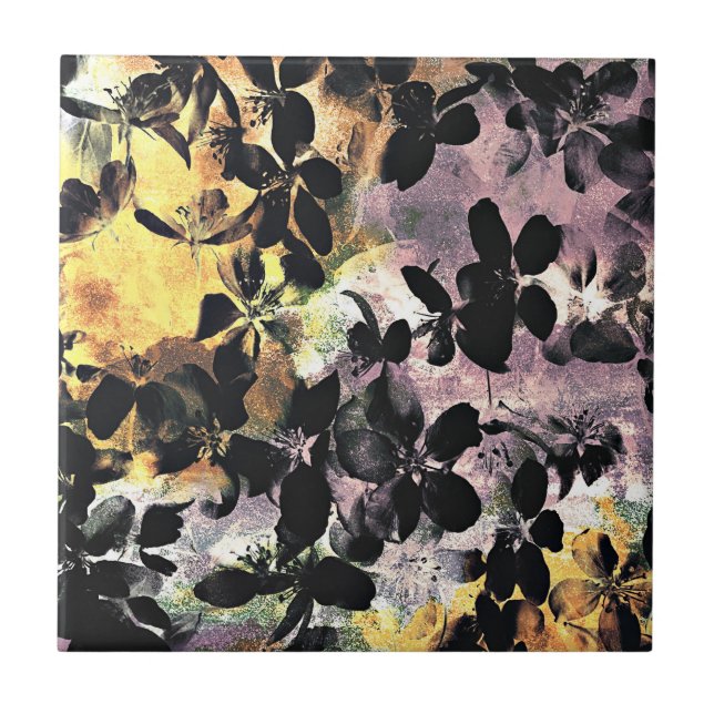 Yellow pink flower pattern floral digital art ceramic tile (Front)