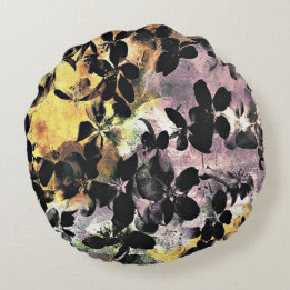 Yellow pink flower pattern floral digital art round pillow