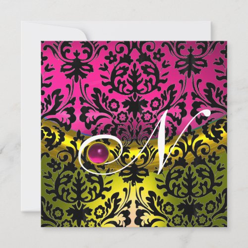 YELLOW PINK FUCHSIA BLACK DAMASK MONOGRAM TOPAZ INVITATION