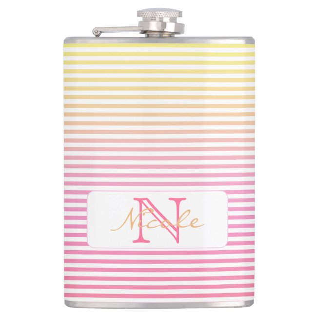 Yellow Pink Gradient Striped Monogrammed Flask