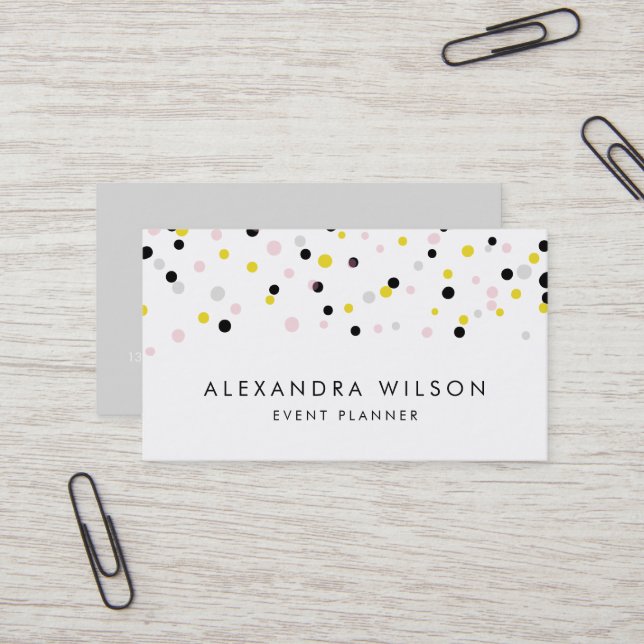 Yellow, Pink, Gray and Black Confetti Dots Modern Business Card (Front/Back In Situ)