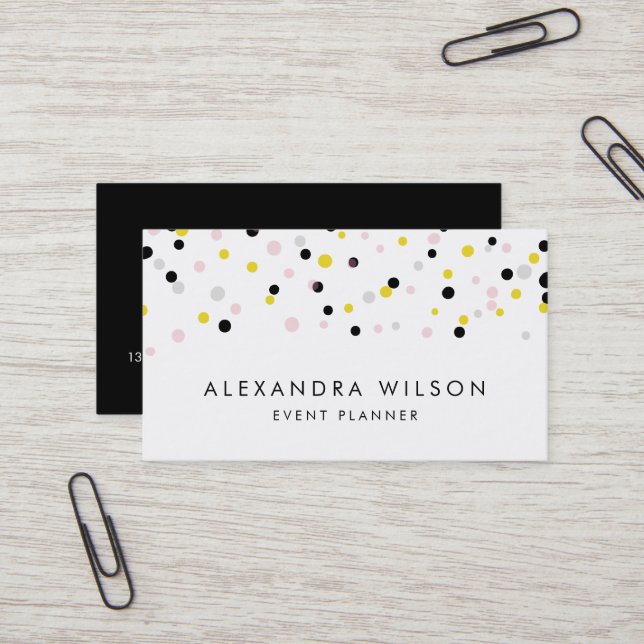 Yellow, Pink, Gray and Black Confetti Dots Modern Business Card (Front/Back In Situ)
