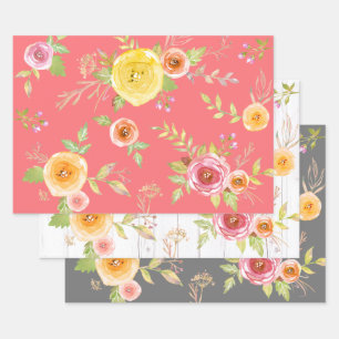 Yellow pink gray floral watercolor rustic elegant wrapping paper sheets