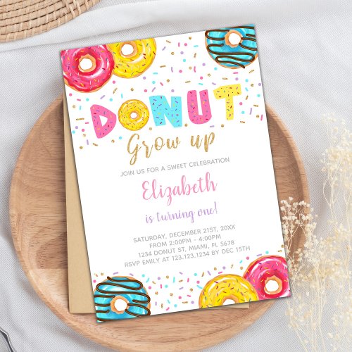 Yellow Pink Green Donut Birthday Invitations