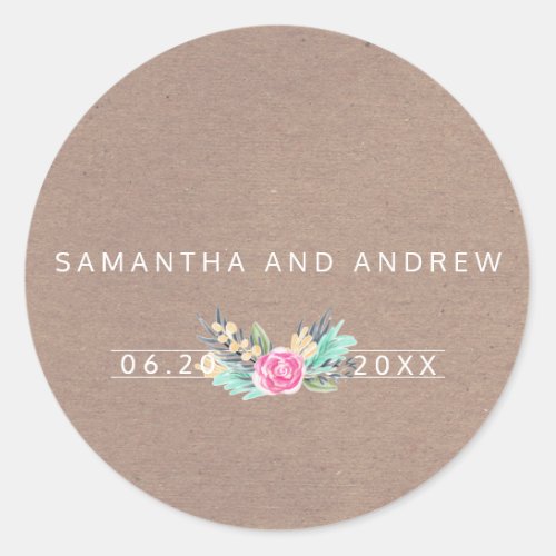 Yellow pink green floral brown kraft wedding classic round sticker