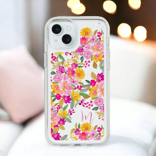 Yellow pink green floral watercolor monogram iPhone 15 plus case