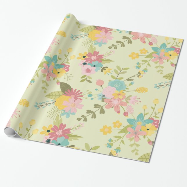 Yellow Pink Green Florals Wrapping Paper (Unrolled)