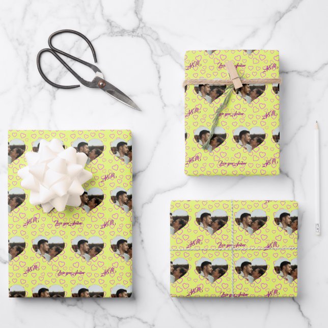 Yellow Pink Heart Pattern Photo Monogram Message Wrapping Paper Sheets (Front)