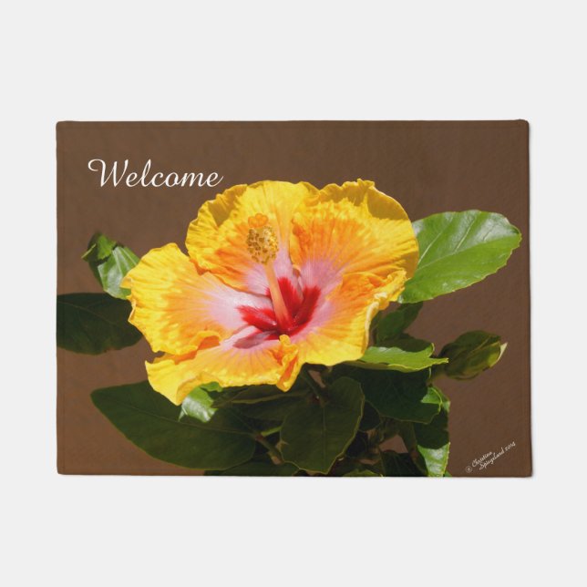 Yellow Pink Hibiscus flower Welcome Doormat (Front)