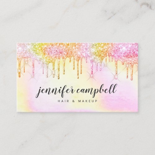 Yellow pink holographic glitter drips makeup hair business card