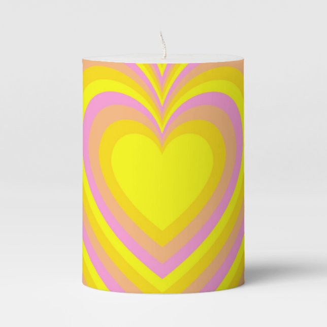Yellow Pink Hypnotic Heart Love Pattern Pillar Candle (Front)