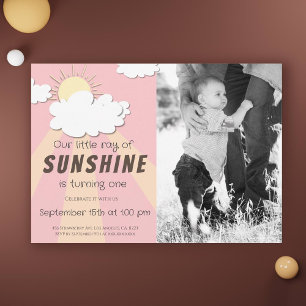 Yellow Pink Little Sunshine 1st Birthday Invitation