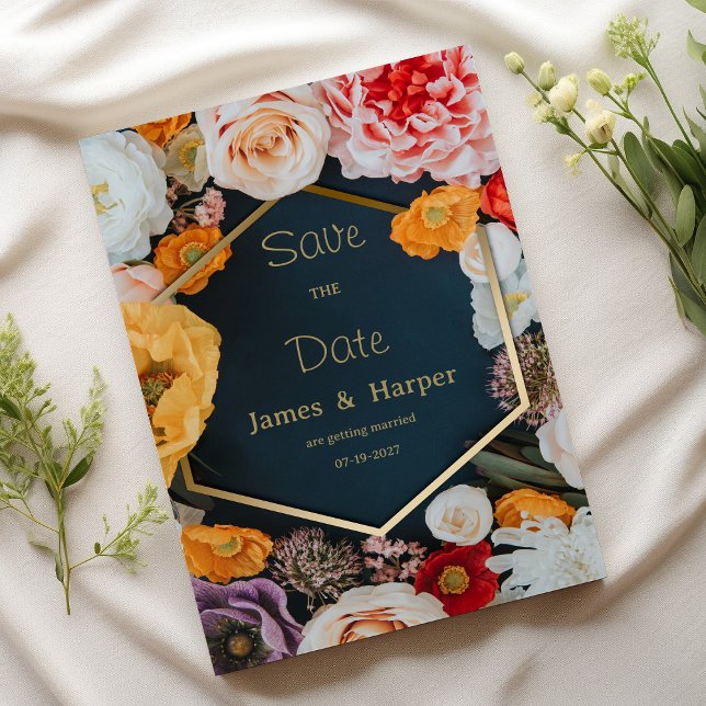 Yellow pink navy blue gold floral Save the Date Invitation (Yellow pink navy blue gold floral Save the Date )