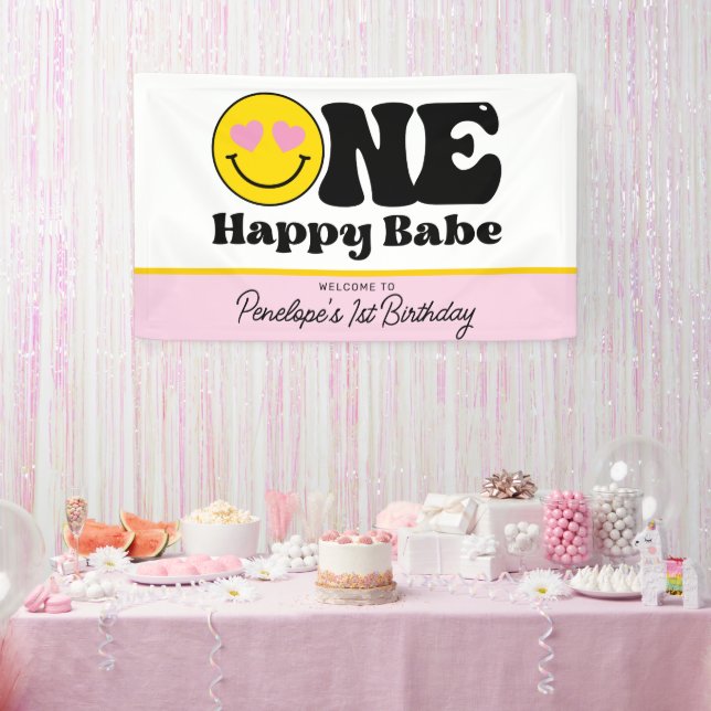 Yellow Pink One Happy Babe First Birthday Banner (Party)