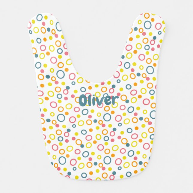 Yellow Pink Orange Aqua Circles and Dots on White. Baby Bib (Front)