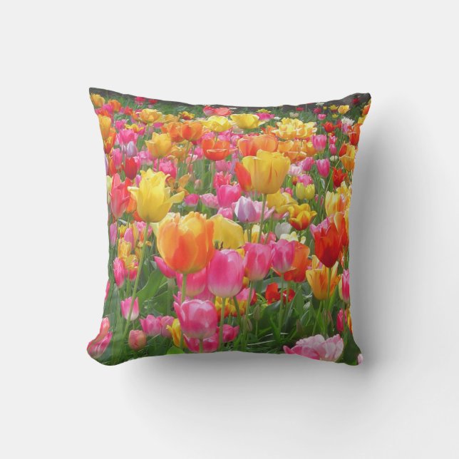 Yellow pink orange red tulips outdoor pillow (Front)