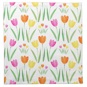 Yellow, Pink, Orange Watercolor Tulips Pattern Cloth Napkin
