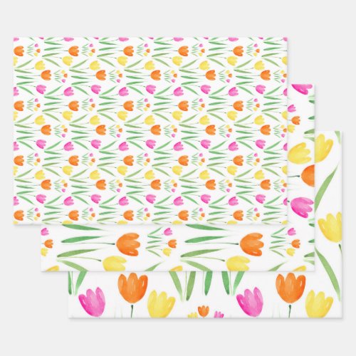  Yellow Pink Orange Watercolor Tulips Pattern  Wrapping Paper Sheets