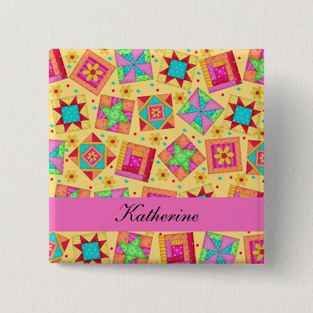 Yellow Pink Patchwork Quilt Blocks Name Badge Button (Front)