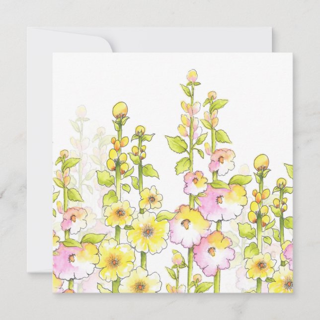 Yellow Pink Pen & Watercolor Field of Hollyhocks   Note Card (Front)