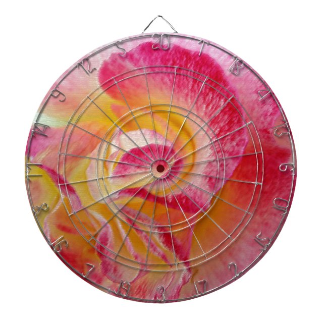 yellow pink petals dartboard with darts (Front)