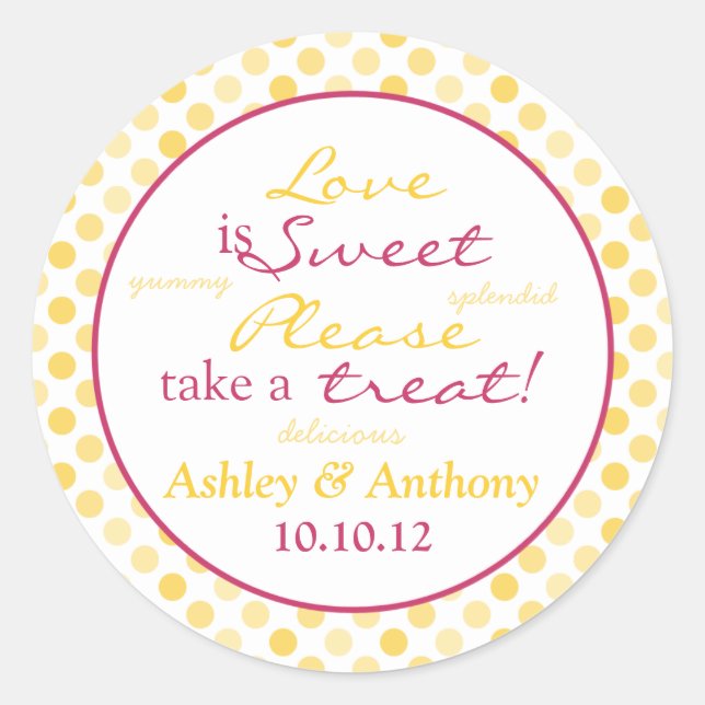 Yellow Pink Polka Dot Candy Buffet Stickers (Front)