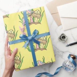 Yellow Pink Pop Art Style Retro Mushroom Birthday Wrapping Paper