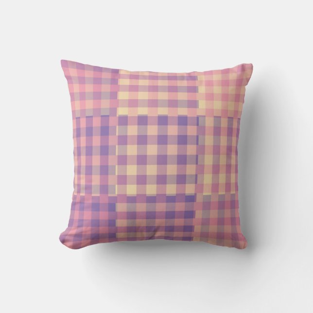 Yellow Pink Purple Checker Patchwork Pattern Throw Pillow (Front)