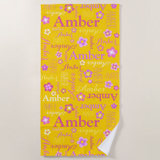 Yellow pink purple girls name Amber flower Beach Towel