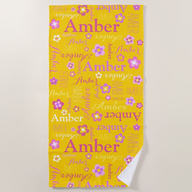 Yellow pink purple girls name Amber flower  Beach Towel (Front)