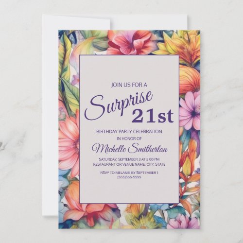 Yellow Pink Purple Watercolor Floral 21st Birthday Invitation