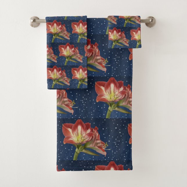 Yellow Pink Red Amaryllis on Navy Blue Background Bath Towel Set (Insitu)