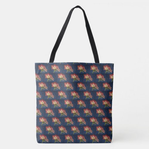 Yellow Pink Red Amaryllis on Navy Blue Background Tote Bag