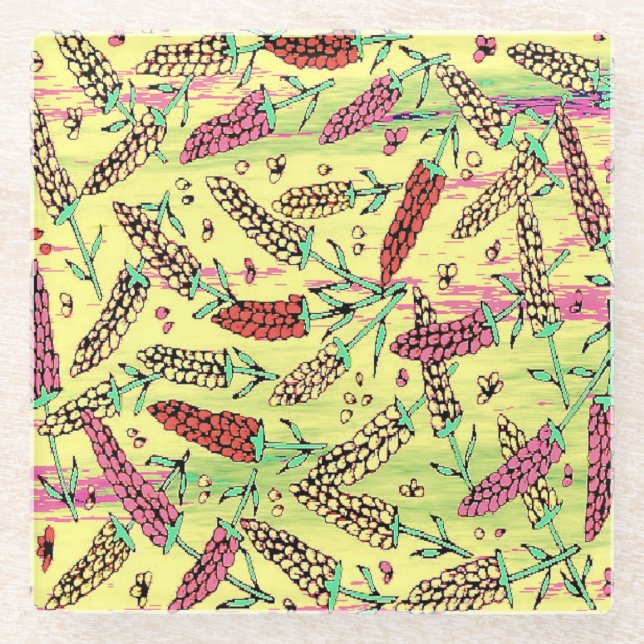 yellow, pink & red pattern glass coaster (Front)