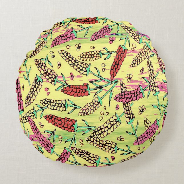 yellow, pink & red pattern round pillow (Front)
