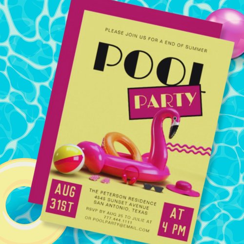 Yellow Pink Retro Pool Party  Invitation