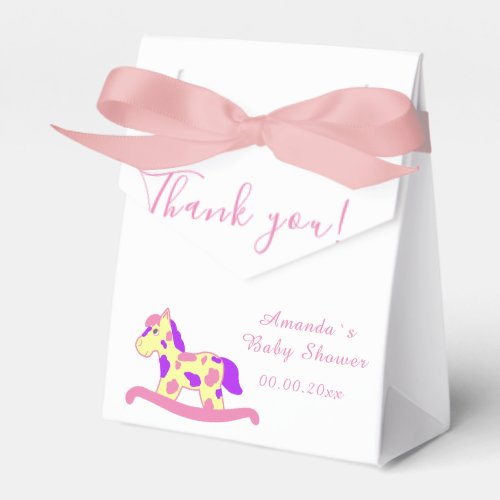 Yellow, Pink Rocking Horse Baby shower Party Favor Box - A cute yellow and pink rocking horse baby shower party favor box. Thank you elegant script typography. Personalize the name and the date. Pink colors for a baby girl babyshower party celebration. Great party supplies for a new baby. Rocking horse themed favor box with a white background. There is a heart pattern on a back side of the favor box.