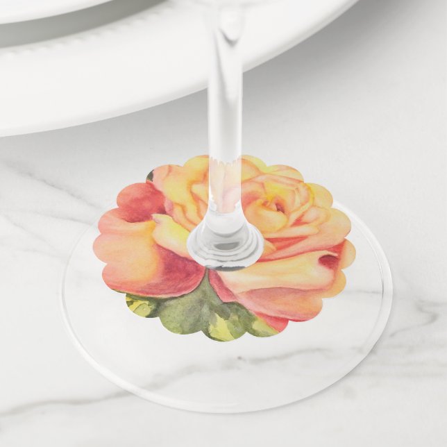 Yellow Pink Rose Wine Glass Tag (Close Up)