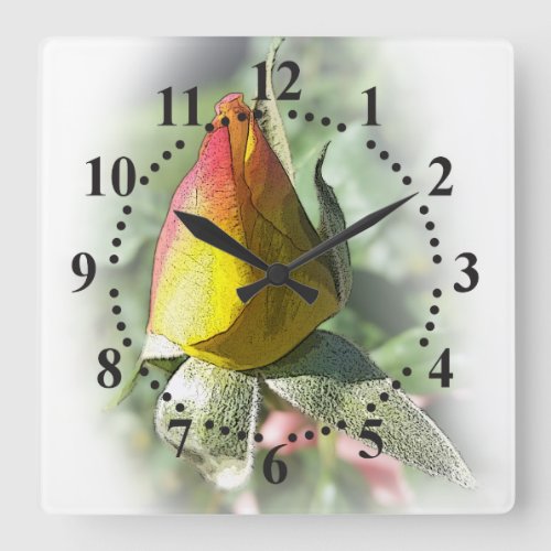 yellow pink rosebud square wall clock