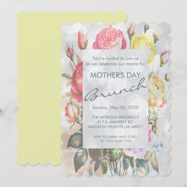 Yellow Pink Roses Flowers Mother's Day Brunch Invitation (Front/Back)