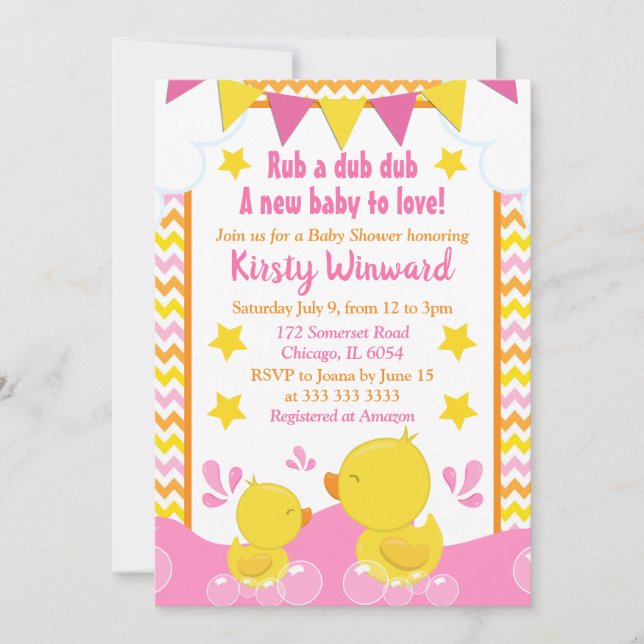 Yellow & Pink Rubber Ducky Polka Dot Baby Shower Invitation (Front)
