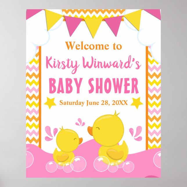 Yellow & Pink Rubber Ducky Polka Dot Baby Shower Poster (Front)